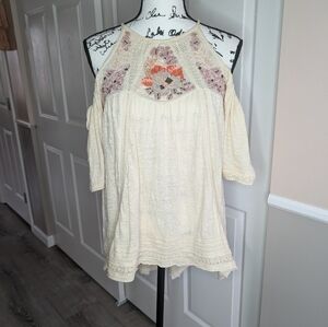 Free People Embroidered Cream Cold-Shoulder Peasant Top